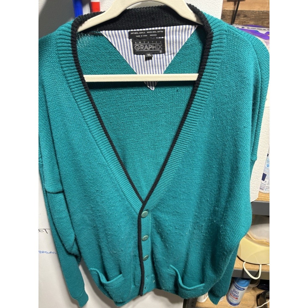Vtg Sweater Graphix Cardigan Green XL 80s‎